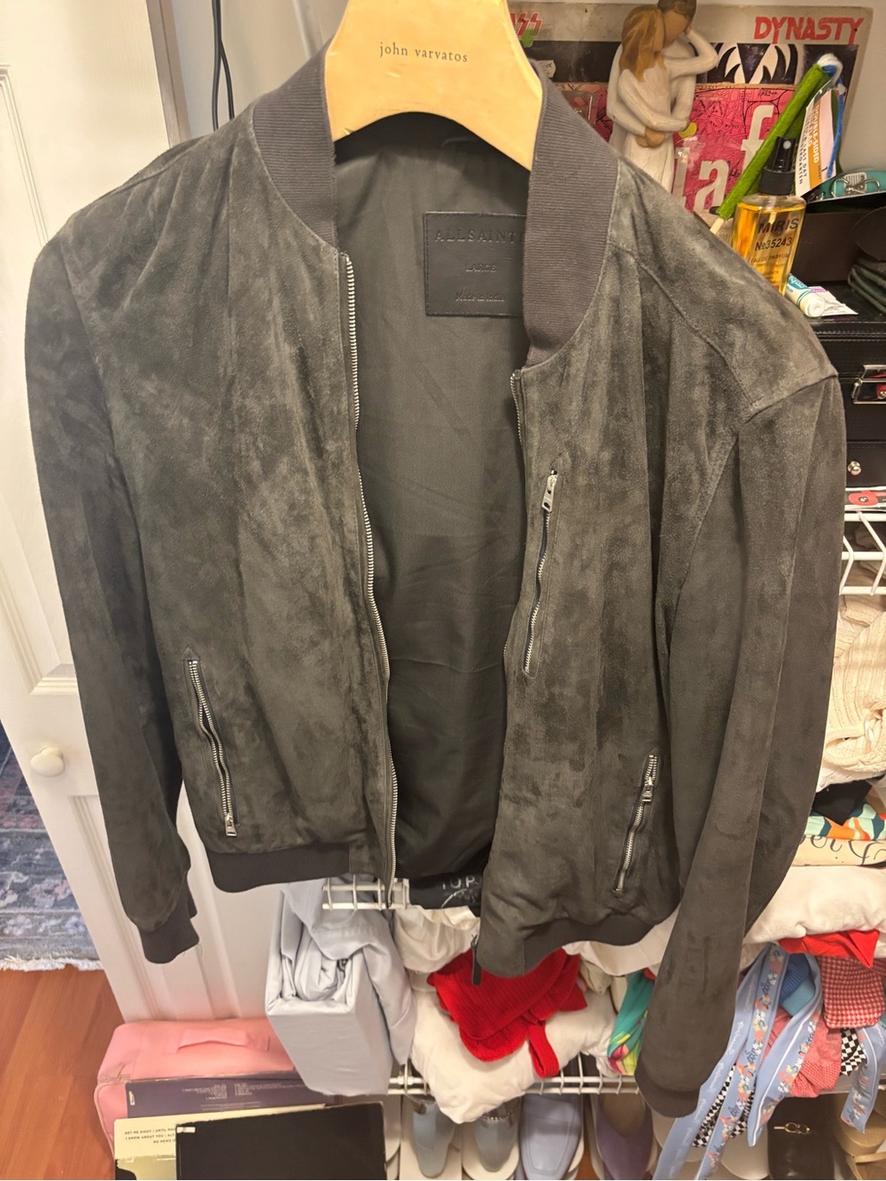 John Varvatos Gray Suede Bomber Jacket